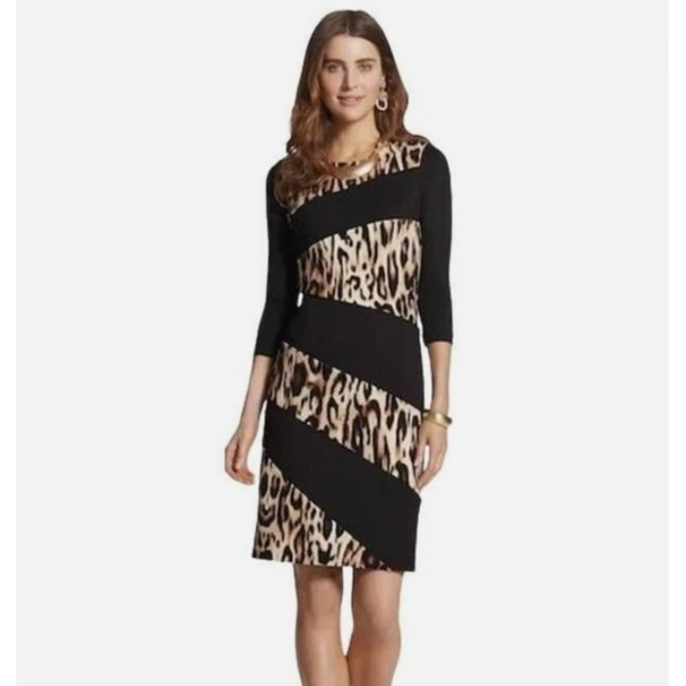 Chico's Animal Print Dress Black Brown Career Leopard Ponte Chic Size 1‎ Medium